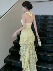LIZAKOSHT  -  Dresses Women Elegant Sleeveless Lace Patchwork Irregular Slim Halter Backless Sexy Party Dress Sweet Clubwear Female