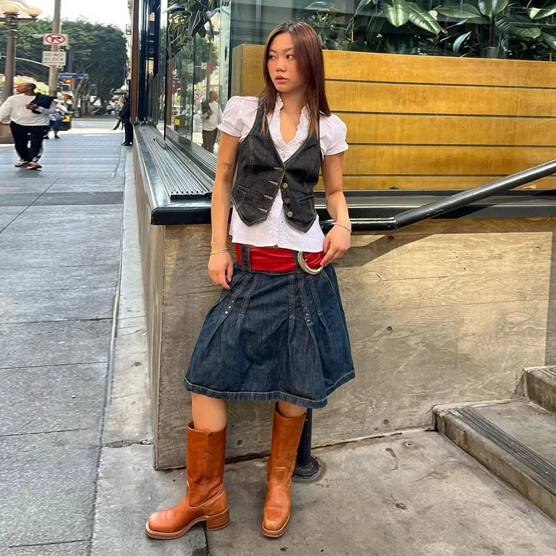 LIZAKOSHT  -  Women's Crop Denim Vest Y2k V-neck Sleeveless Single Breasted Short Female Waistcoat 2025 Spring Summer Lady Street Tops