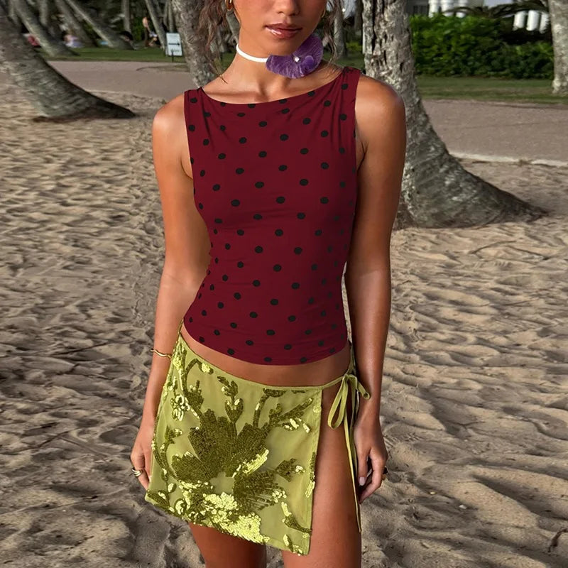 LIZAKOSHT  -  Casual Sexy Polka Dot Tank Tops For Women O-neck Sleeveless Slim Corset T-shirt Streetwear Y2K Girls Clothes Cropped Top