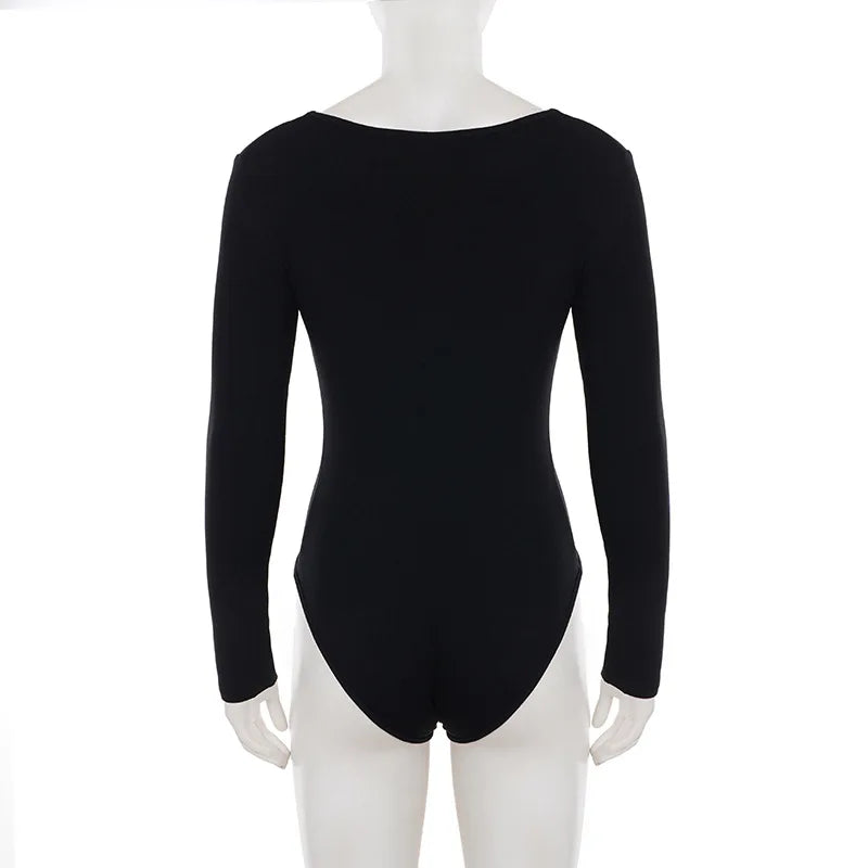 LIZAKOSHT  -  Sexy Deep V-neck Lace Patchwork Black Bodysuit Elegant Women's Style Basic Solid Long Sleeve Tight Fit T-shirt Streetwear