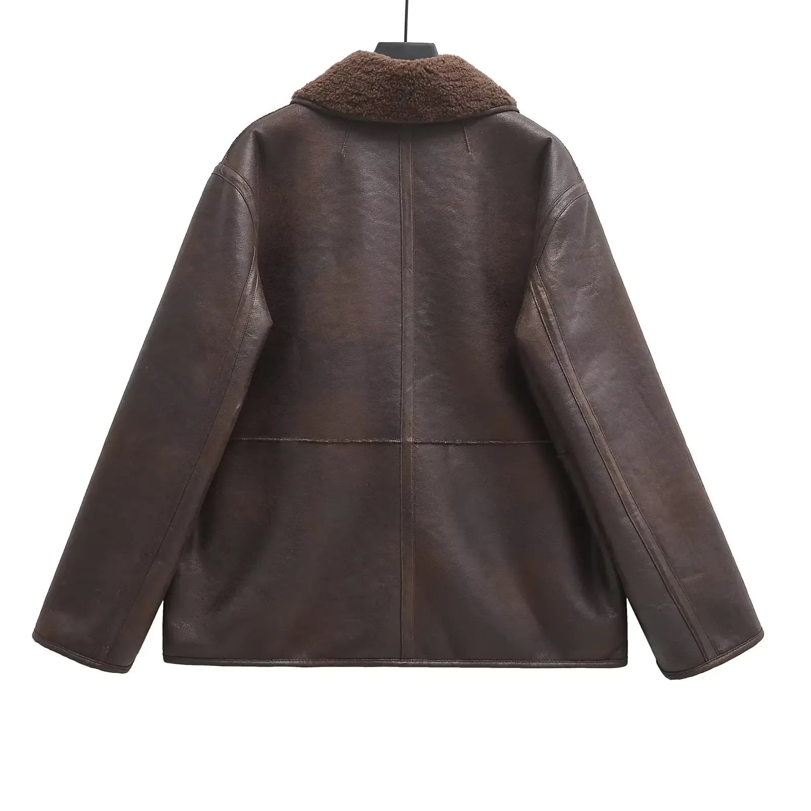 LIZAKOSHT  -  Casual Lamb Wool Splicing Leather Jacket Women Lapel Single Breasted Loose Pocket Thickened Coat Lady Winter Daily Commute Coats