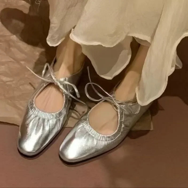LIZAKOSHT  -  Spring/Summer Women Shoes Ballet Flats Ladies Leather Shoes Girl New Narrow Band Silver Flats Bling Bling Gold Round Loafer