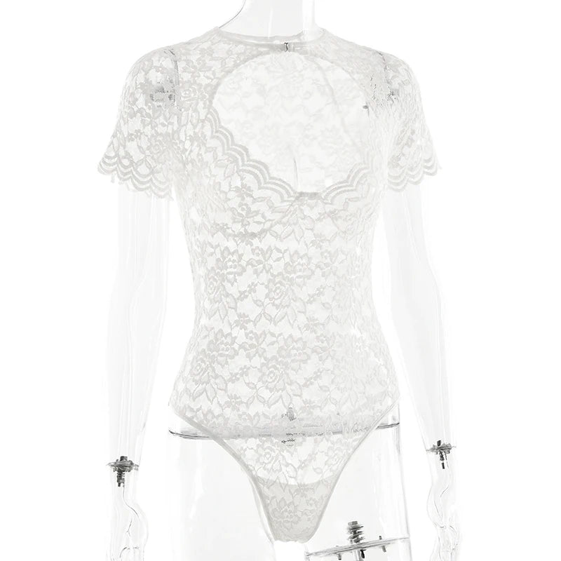 LIZAKOSHT  -  Charming Sexy Women's Lace See Through Hollow Short-sleeved Bodycon Fashion Floral 1Pcs Bodysuits 2025 Nightclub Streetwear