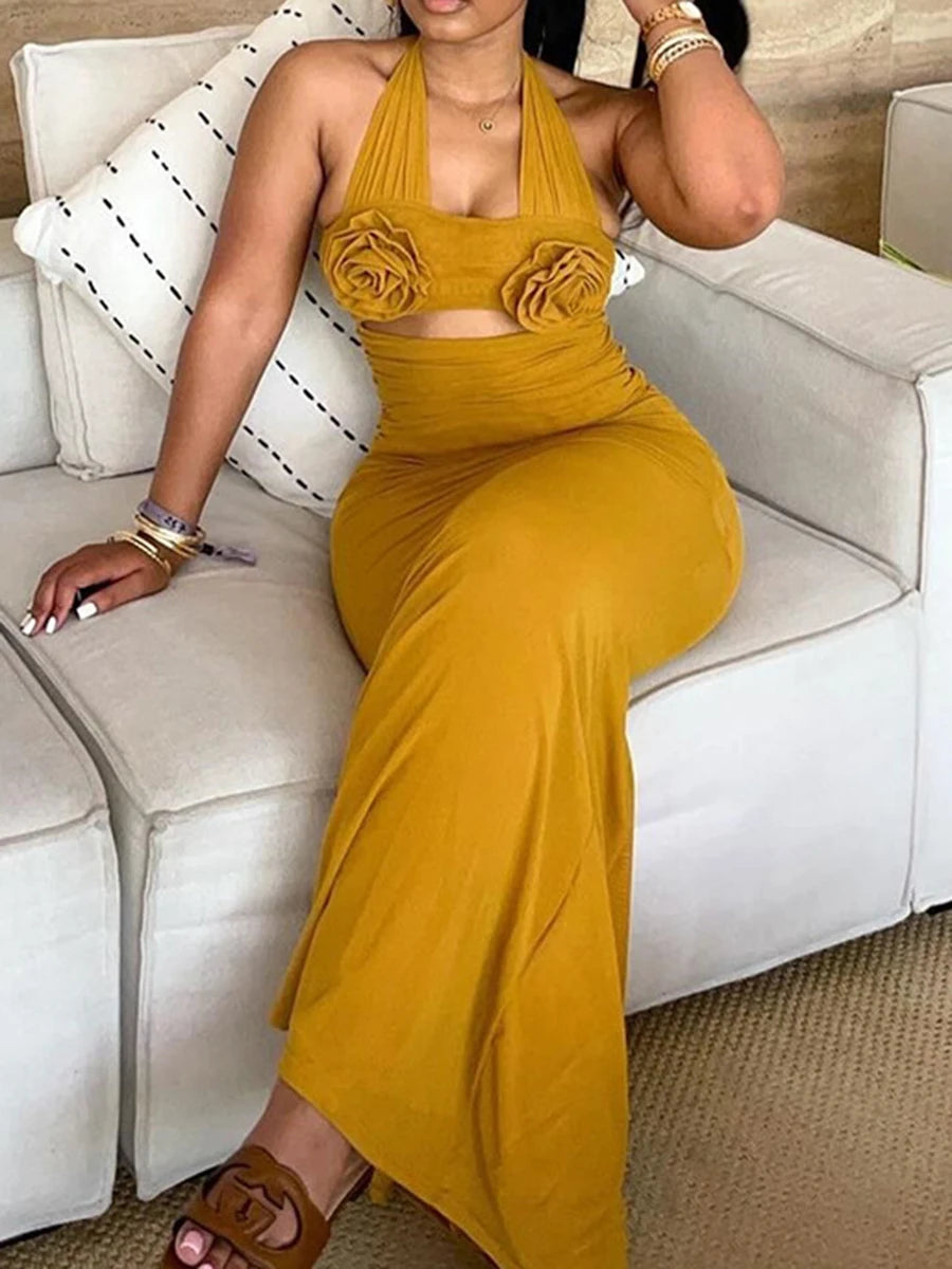 LIZAKOSHT  -  Solid Spliced Appliques Slimming Backless Dresses for Women Halter Sleeveless High Waist Temperament Dress Female Fashion