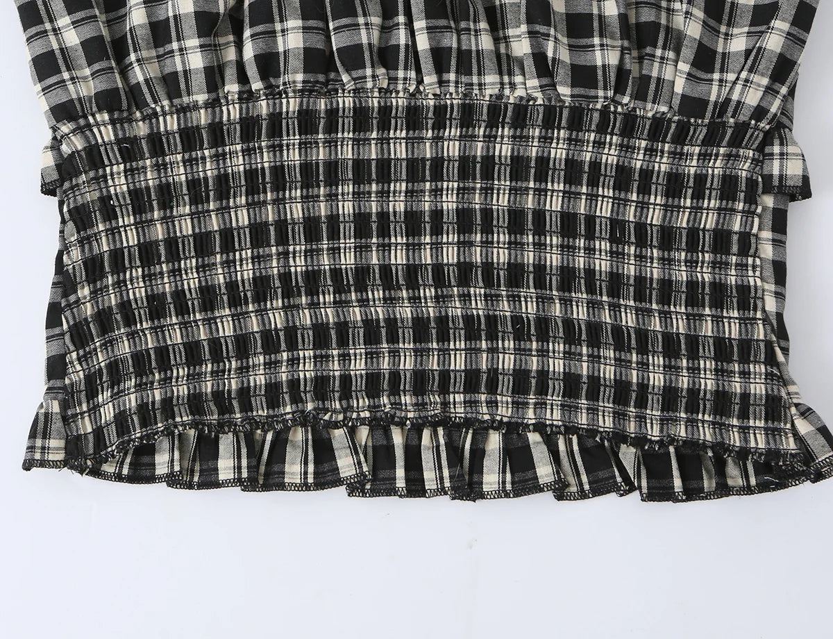 LIZAKOSHT  -  Summer Women Plaid Spliced Lace Bow O Collar Elastic Strap Tank Top Slim Corset Wood ears Slim Waist Elastic Back Crop Vest
