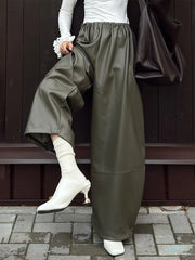 LIZAKOSHT  -  Womens Autumn Winter PU Lantern Pants Elegant Lazy Drawstring Casual Army Green Wide Leg Leather Pants