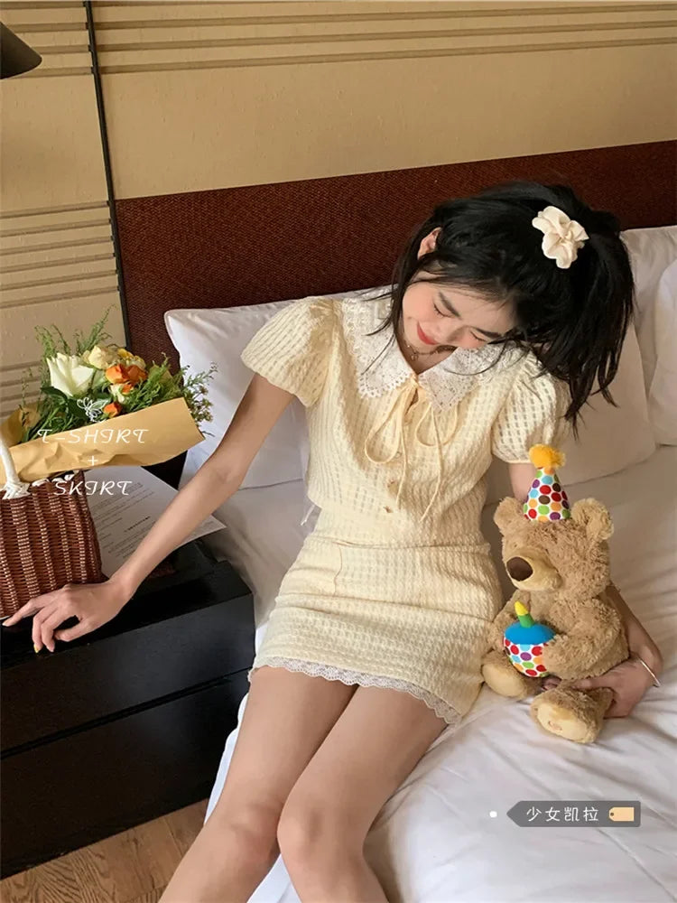LIZAKOSHT  -  Summer Yellow Fashion 2 Piece Sets Cute Girl Short Puff Sleeve Lace Doll Collar Shirt Top&Mini Skirt 2pc Dress Suits
