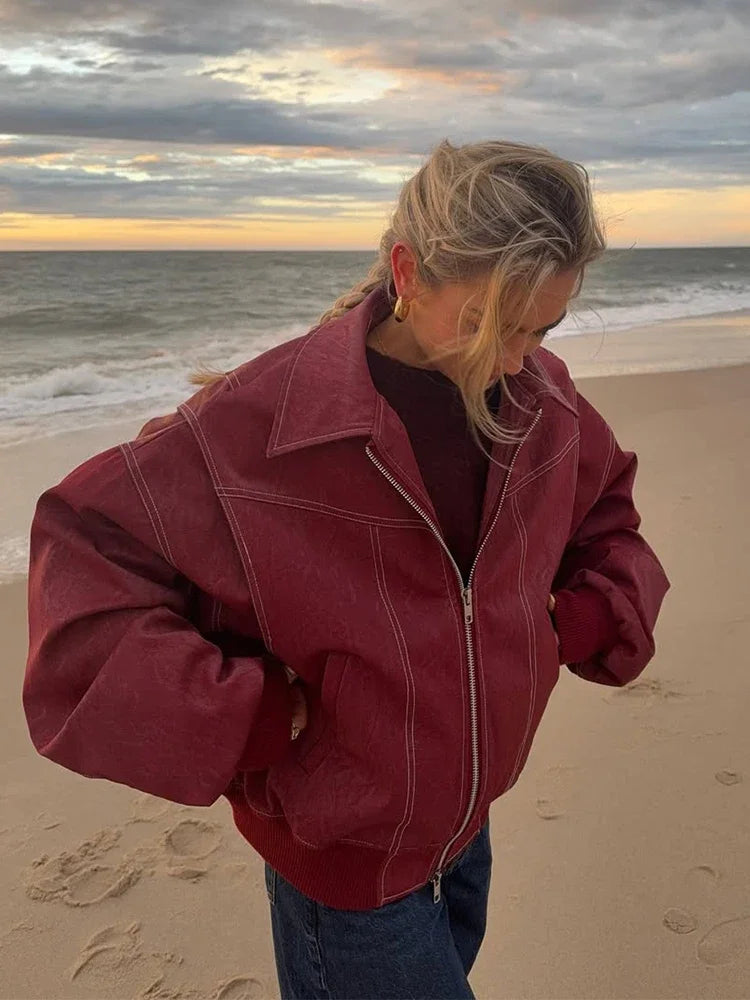 LIZAKOSHT  -  Solid Patchwork Cropped Coat Women Lapel Long Sleeve Loose Zipper Pockets Jacket Fashion Autumn Lady Casual Street Outerwear