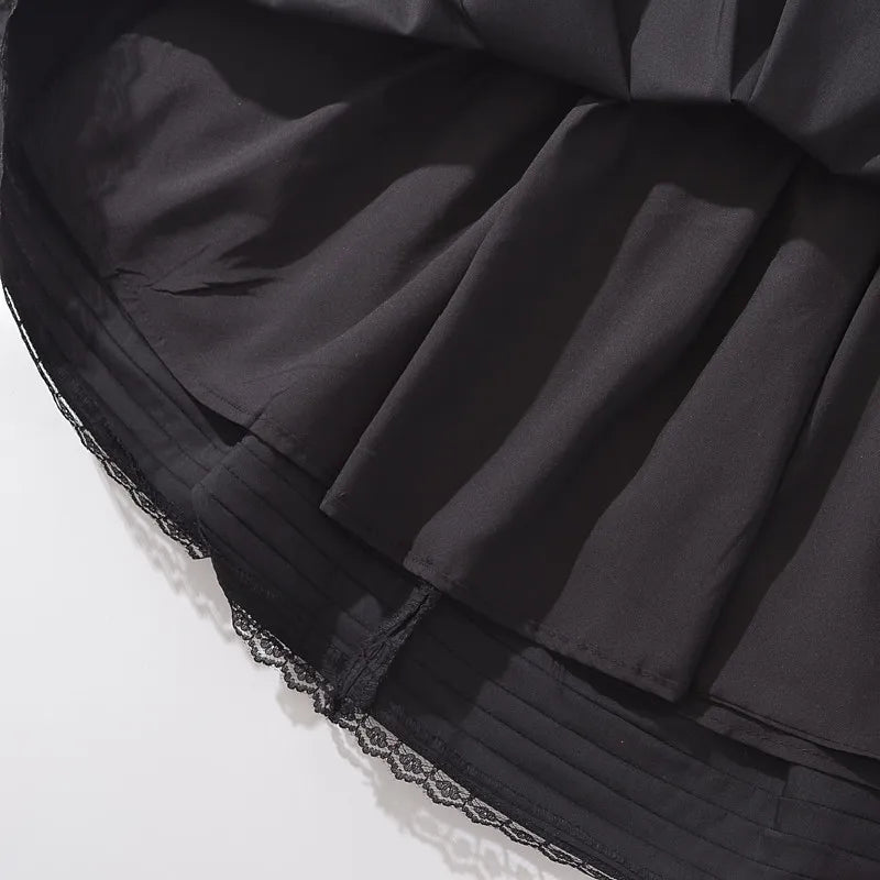 LIZAKOSHT  -  Woman Sleeveless A line Mini Robe Sexy Black Spliced Lace Square Collar Ruffles Wood ears Strap Corset Style Sling Dress