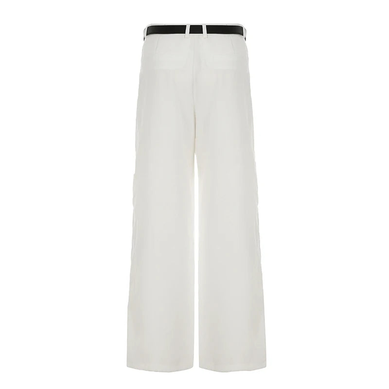LIZAKOSHT  -  Women Casual Straight Pants with Belt High Street Fashion Lady Loose Trousers Summer Minimalist Office Wear Outfits