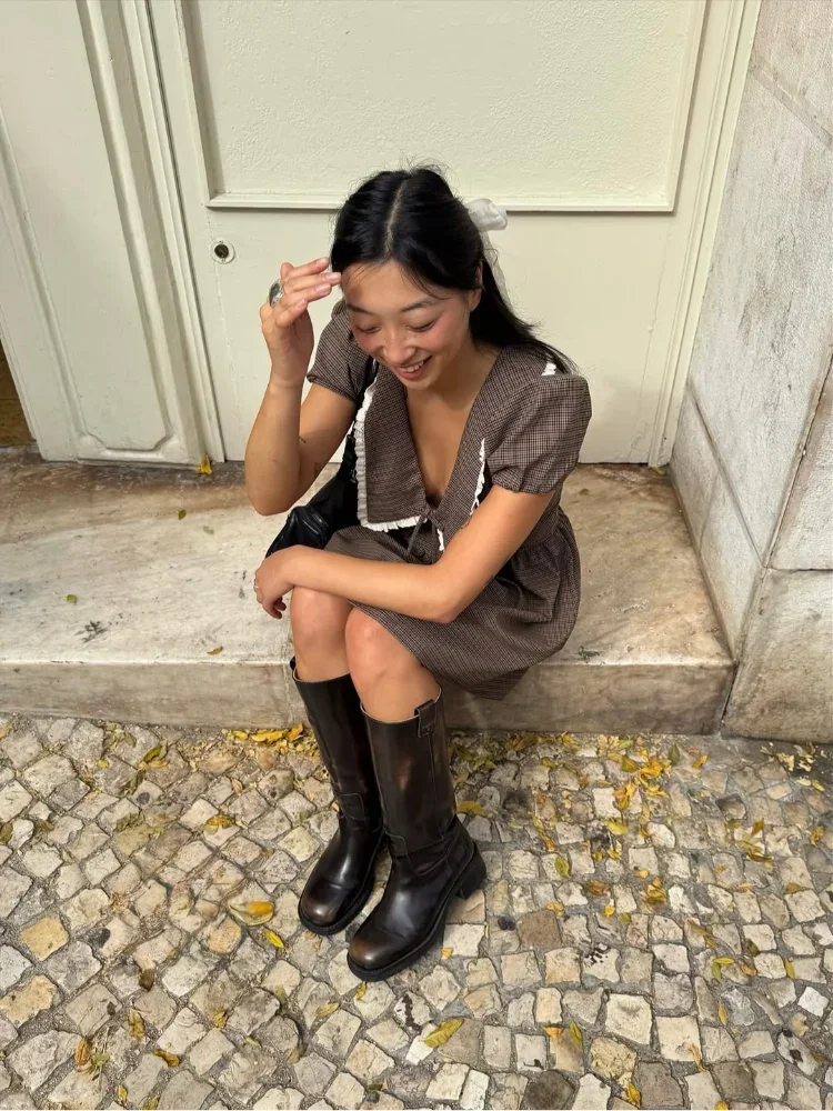 LIZAKOSHT  -  Plaid Waist Cinched Mini Dress Casual V-neck Short Sleeved Lace Up Slim Fit A-line Women Dresses Lady Daily Commute Vestido