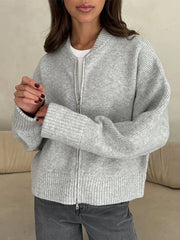 LIZAKOSHT  -  Double-Head Zipper Knitted Sweater Cardigan Solid Color Bomber Jacket Women's Commute Coat Top Minimalism Knitwear Overcoat
