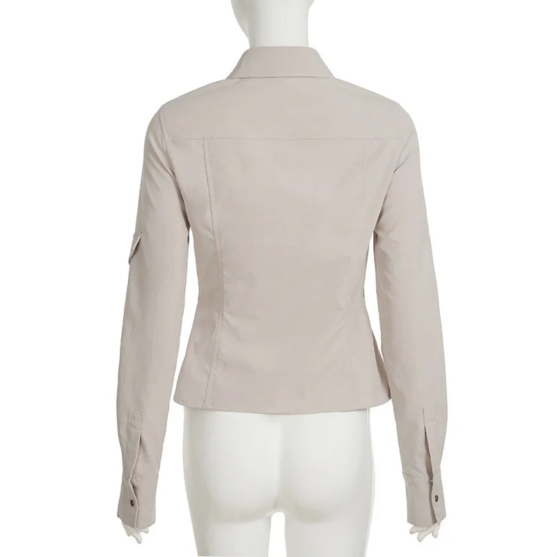 LIZAKOSHT  -  Harajuku Autumn Newly Pockets Flip Collar Buttons Long-sleeved Shirts Work Style Slimming Cardigant Top Blouses for Women