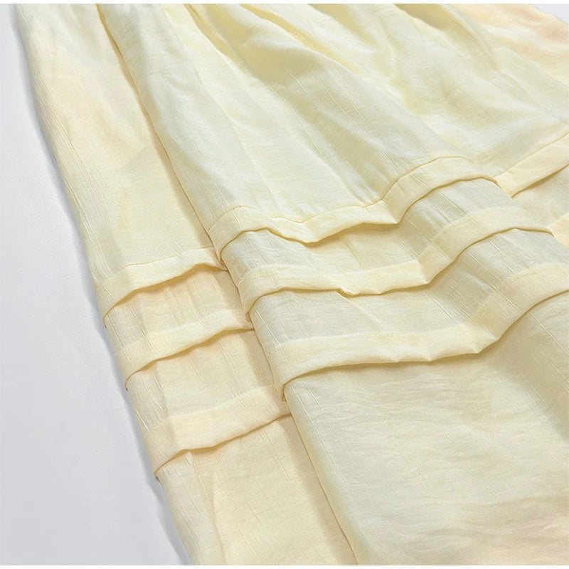 LIZAKOSHT  -  Casual Loose Pleated Sling Long Dress Women Chic Simple Beige Sleeveless Low Cut Holiday Dresses Lady Retro Summer Beach Vestido