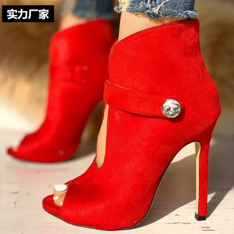 LIZAKOSHT  -  Suede Stiletto Heels Peep Toe Women Sandals Shoes Sexy Women's Buckle Metal Decoration Sandals