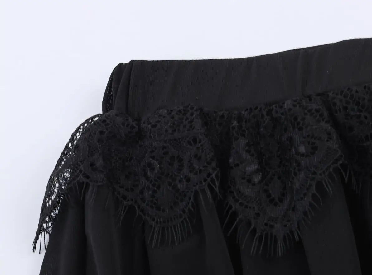 LIZAKOSHT  -  Spring Summer Black Chiffon Lantern Pants Women Spliced Lace Elastic Waist Ruffles Cuff Long Loose Trousers Full Length Bottom