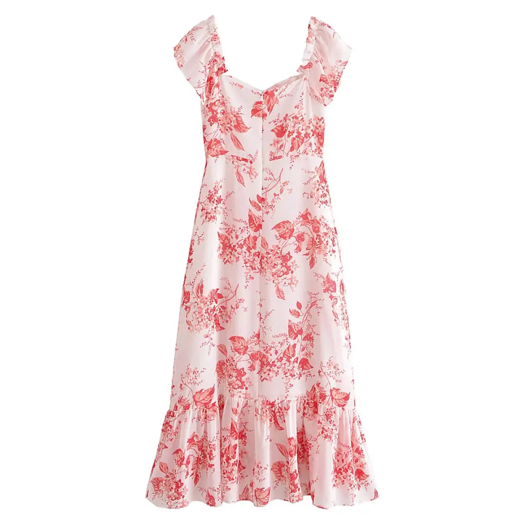 LIZAKOSHT  -  Women Flower Print Slash Shoulder Midi Chiffon Dress Spliced Ruffles Hem Short Sleeve Robe Holiday Retro French Style