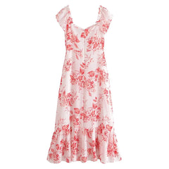 LIZAKOSHT  -  Women Flower Print Slash Shoulder Midi Chiffon Dress Spliced Ruffles Hem Short Sleeve Robe Holiday Retro French Style