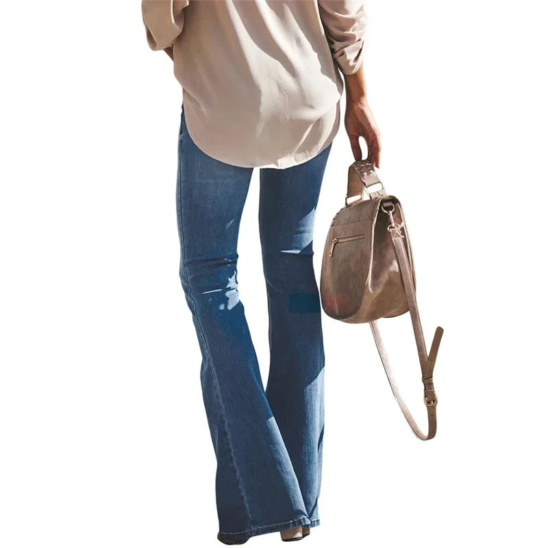 LIZAKOSHT  -  Elegant Mid Waist Flared Jeans Women's Broken Holes Wide Leg Denim Pants Female Solid Color Commuter Casual Trousers Streetwear