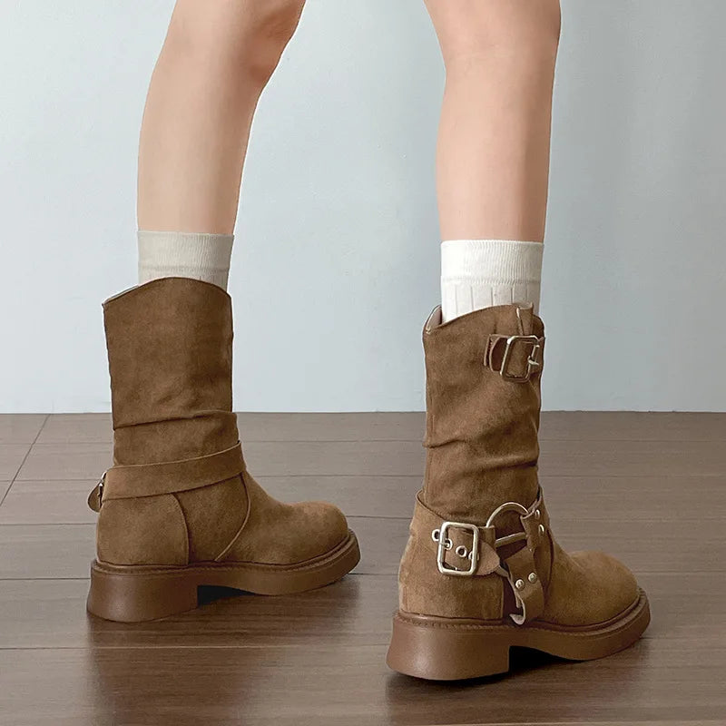 LIZAKOSHT  -  Vintage Low Heel Women Ankle Boots Fashion Belt Buckle Shoes Autumn Winter Short Booties Zapatos De Mujer