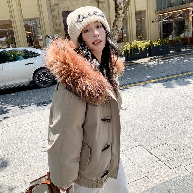 LIZAKOSHT  -  Women's Autumn Winter Top Coat Cotton Coat Fur Collar Horn Button Hood Thickened Warm Retro Comfortable Casual Niche Versatile