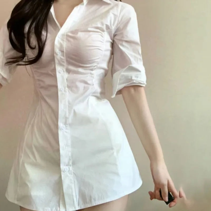 LIZAKOSHT  -  Casual Sexy Solid Color Slimming Smoothing Sexy Shirt Dress for Women Niche Design Sensibility Waist-fitted Mini-length Dress