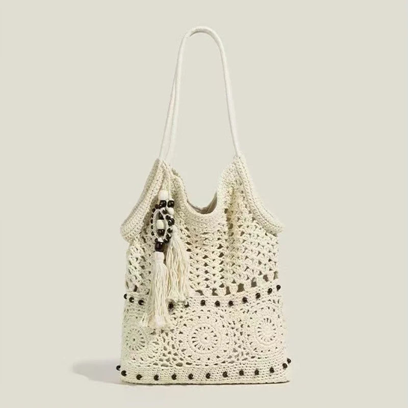 LIZAKOSHT  -  Fashion Women's Handbag with Wooden Bead Tassel One Shoulder Bag Cotton Woven Design Zipper Closure Totes
