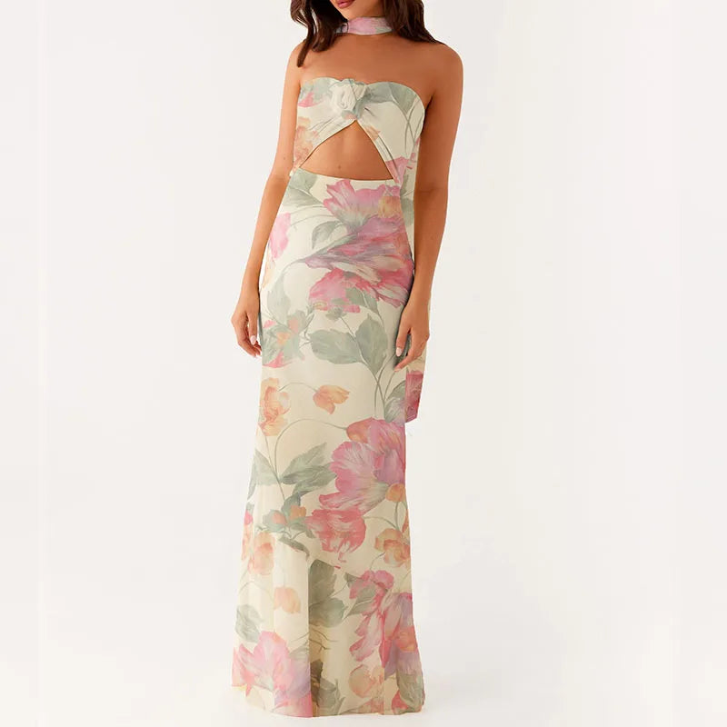 LIZAKOSHT  -  Women 3D Floral Tube Strapless Maxi Bodycon Dress with Scarf Sexy Club Party Y2k Summer Backless Mesh Long Dresses