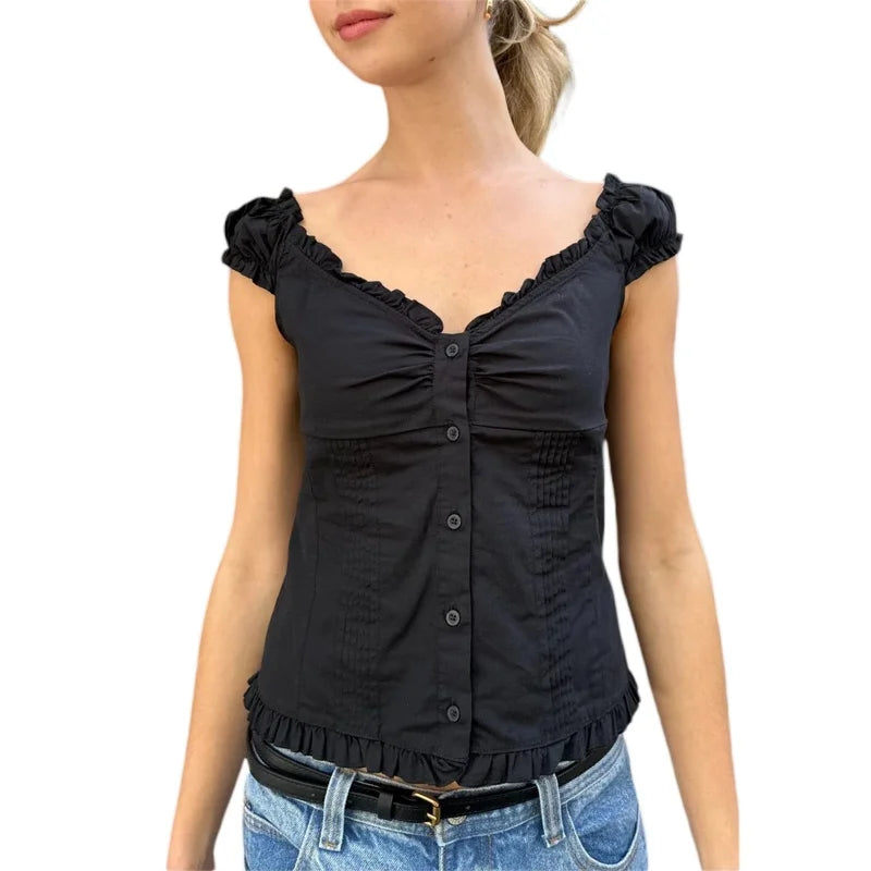 LIZAKOSHT  -  y2k Tank Top Women Summer Clothes Solid Color Cap Sleeve Button Down Slim Fit Frill T Shirt 2000s Vest Streetwear