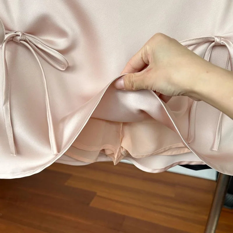 LIZAKOSHT  -  Bow Lace-up Satin Y2k Mini Skirts A-Line Pink Korean Style Skirts High Waist Zipper Sexy Slim Skirts Sweet Short Skirt For Women