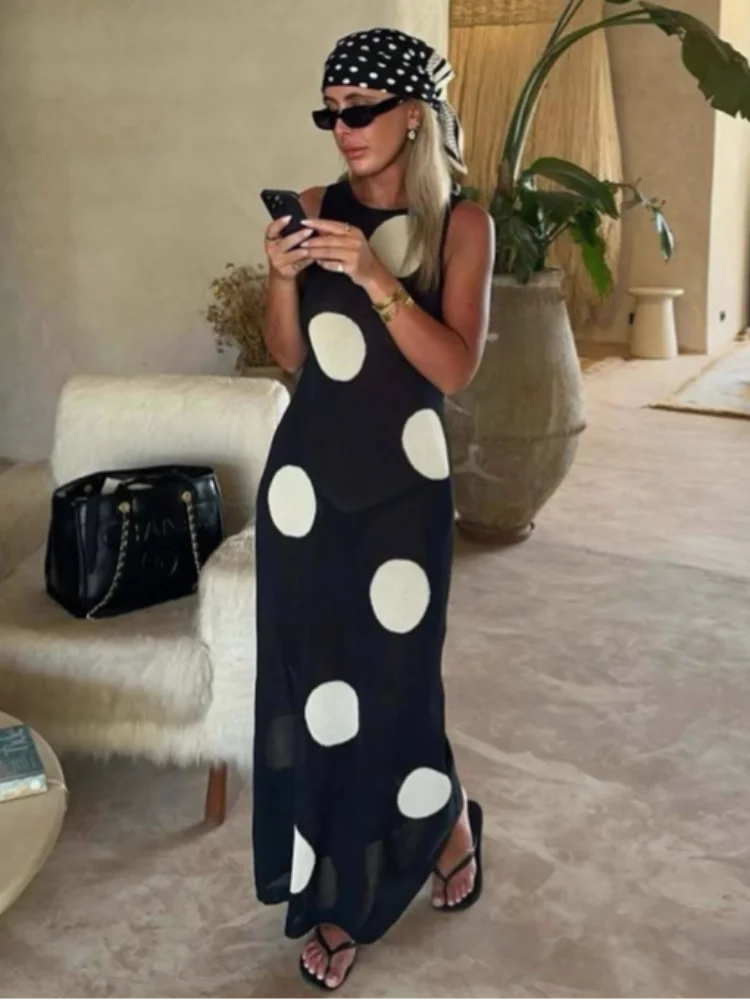 LIZAKOSHT  -  Retro Large Polka Dots Sleeveless Dress Women Chic Round Neck Off-shoulder Slim Midi Dresses Lady Holiday Street Vestidos