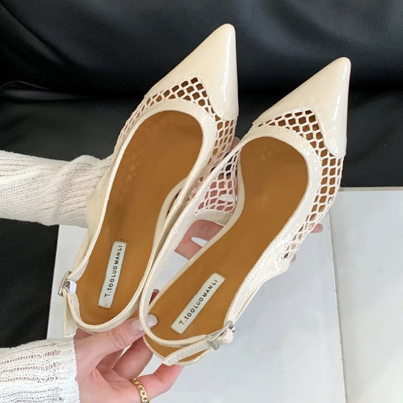 LIZAKOSHT  -  Mesh Low Heeled Sandals Sexy Pointed Toe Elegant Mule Shoes Summer Fashion Party Dress Shoes Pumps for Ladies  Designer Sandals