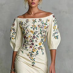 LIZAKOSHT  -  Spring Elegant Floral Print Slim Female Clothing Sexy Slash Neck Hollow Slit Party Dresses Woman Casual Half Sleeve Autumn Dress