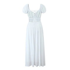 LIZAKOSHT  -  Summer Women Sexy Backless Long Dress Vintage Puff Sleeve Elastic Waist Female Holiday Party Robe Black White