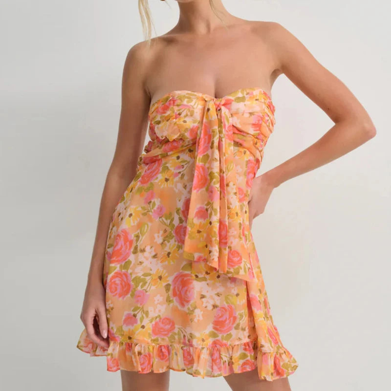 LIZAKOSHT  -  One Shoulder Mini Ruffles Dress Elegant Summer Floral Print Tie-up Party Dress Simple Women Backless Beach Dress New Sweet