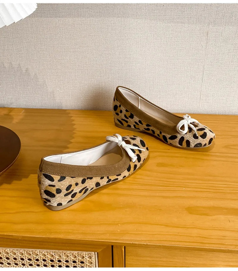 LIZAKOSHT  -  Leopard Lace Up Women Ballet Shoes Round Toe Shallow Comfort Walking Shoes Female Lncreased Lnternal Fashion Mary Jane Shoes