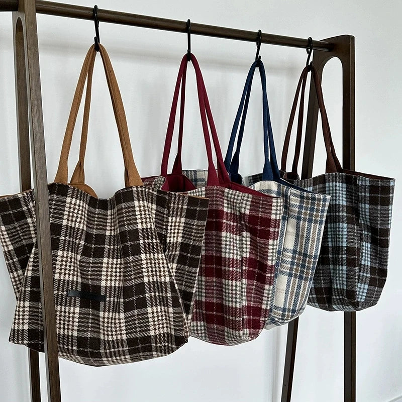 LIZAKOSHT  -  Autumn and Winter Woolen Plaid Shoulder Bag Double Sided Use Handbag Large Capacity Tote Bags For Women