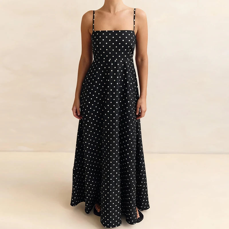 LIZAKOSHT  -  Women Vintage Maxi Dress Dot Print Sleeveless Spaghetti Strap A Line Dress with Pockets Elegant Backless Long Dress