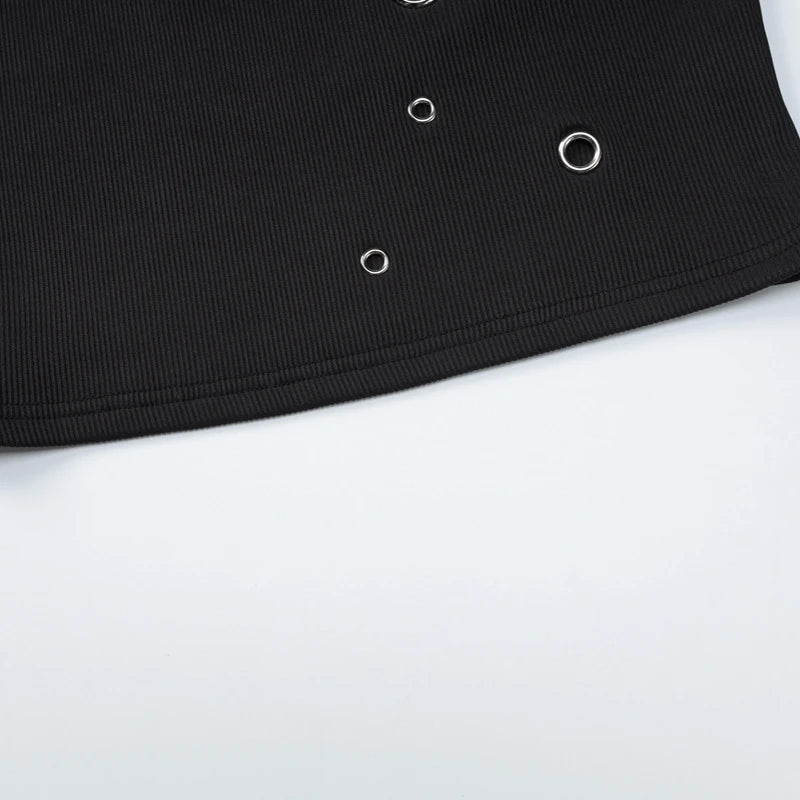 LIZAKOSHT  -  Trend Black Sexy Metal Eyelet Skinny U Collar Sleeveless Strap Short Vest Tank Tops Hottie Y2K Casual Rave Party Streetwear