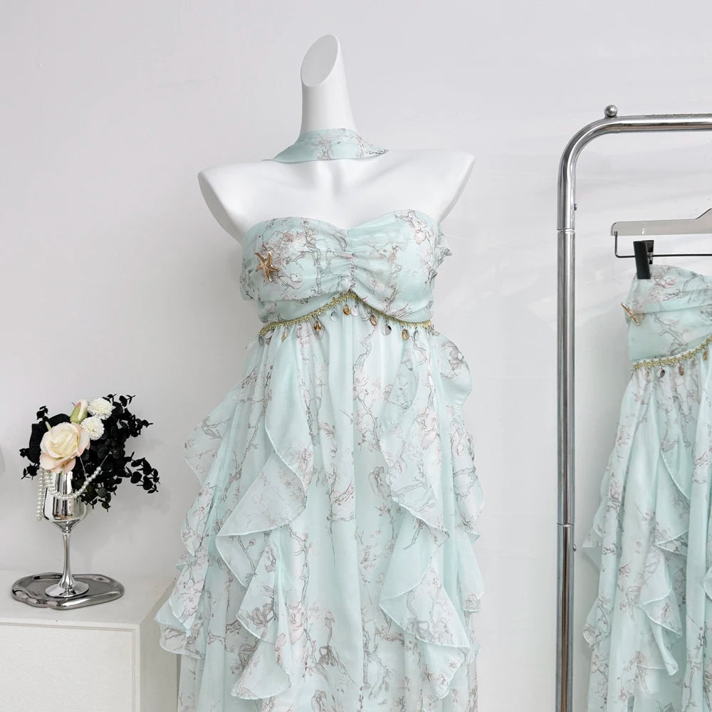LIZAKOSHT  -  Sweet Lolita Chiffon Midi Dress Women Floral Print Ruffle Layered Halter Strapless Beach Vacation Japanese Fashion Casual Outfit