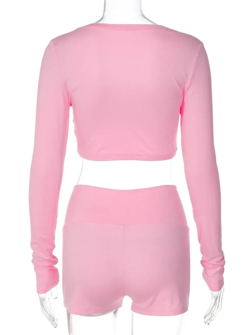 LIZAKOSHT  -  Woman Clothes V-neck Long Sleeve Cropped T-shirts and Shorts Matching Sets Girls Clothes Y2K Black Pink Short Pants Tracksuits