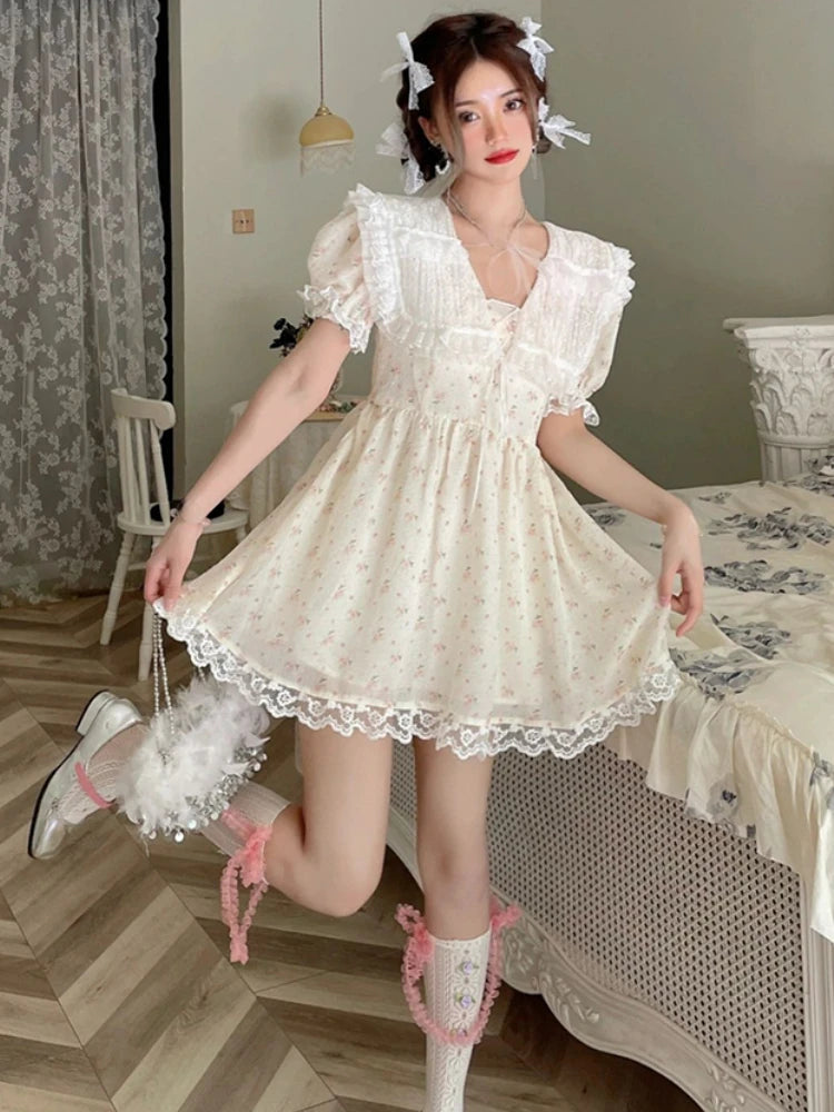 LIZAKOSHT  -  Sailor Colla Sweet Kawaii Dress Women Lace France Style Vintage Mini Dress Female Flower Print Chic Korean Fashion Dress