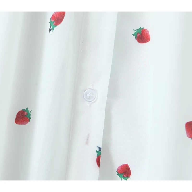 LIZAKOSHT  -  Women French Front Button Strawberry Print White Sexy Elegant Dress Flying Sleeve Square Neck Female Summer  Party Robe
