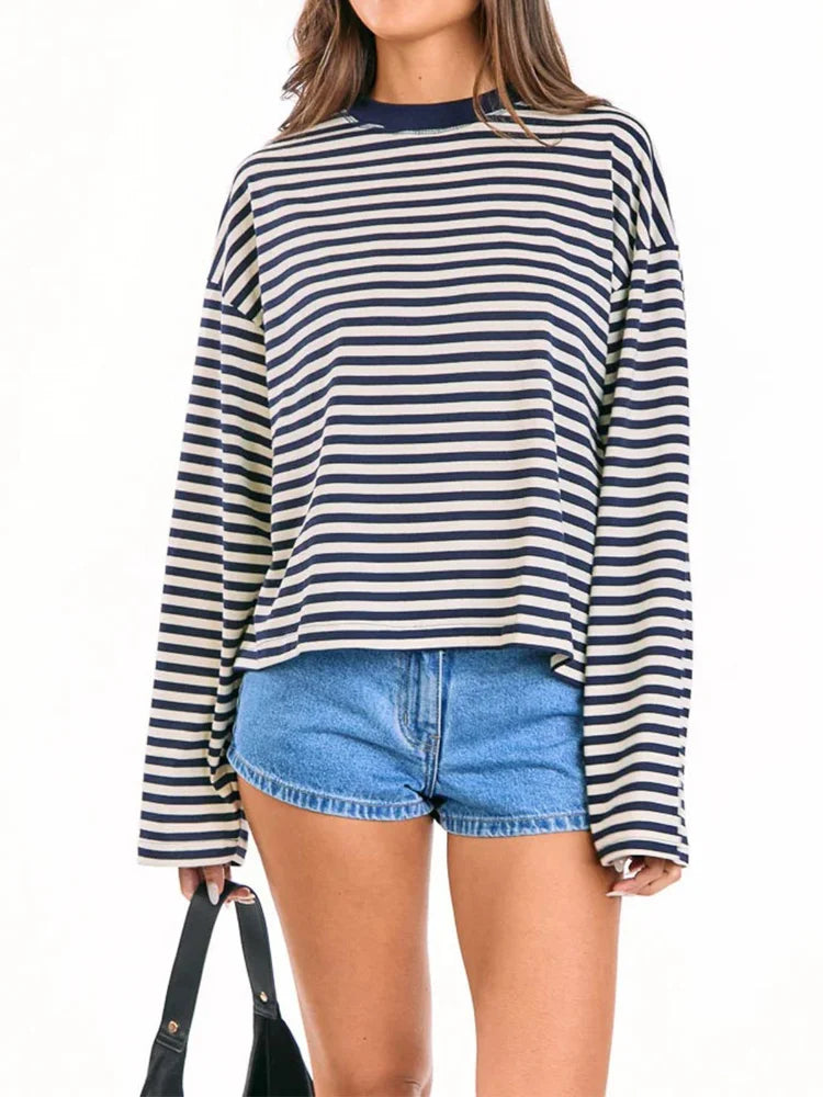 LIZAKOSHT  -  Elegant Striped Tops For Women O-neck Full Sleeve Loose Shirts 2025 Summer Fashion Female Daily Casual Oversize Outerwear