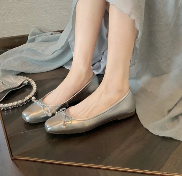 LIZAKOSHT -  Luxury Glitter Sequins Bowtie Ballets Shoes Ladies Square Toe Silver Flats Woman Slip On Moccasins Female Soft Soled Ballerinas