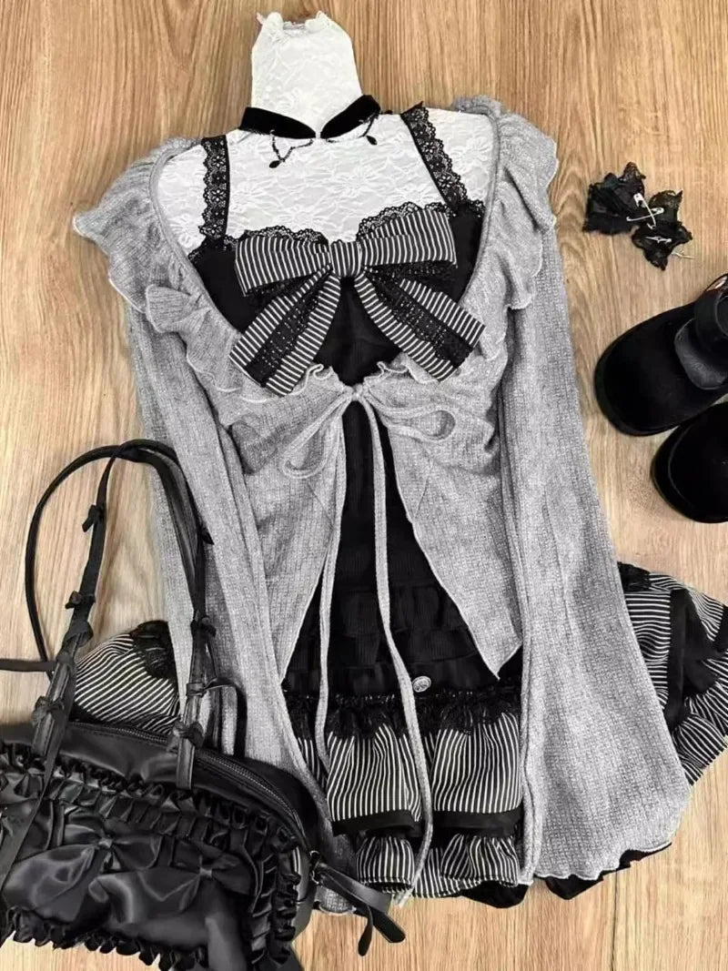 LIZAKOSHT  -  Sweet Lolita Lace Up Ruffles Cardigan+ Sexy Slim Fit Strapless Vest Tops+ High Waist Ruched Skirts Early Autumn Three Piece Sets