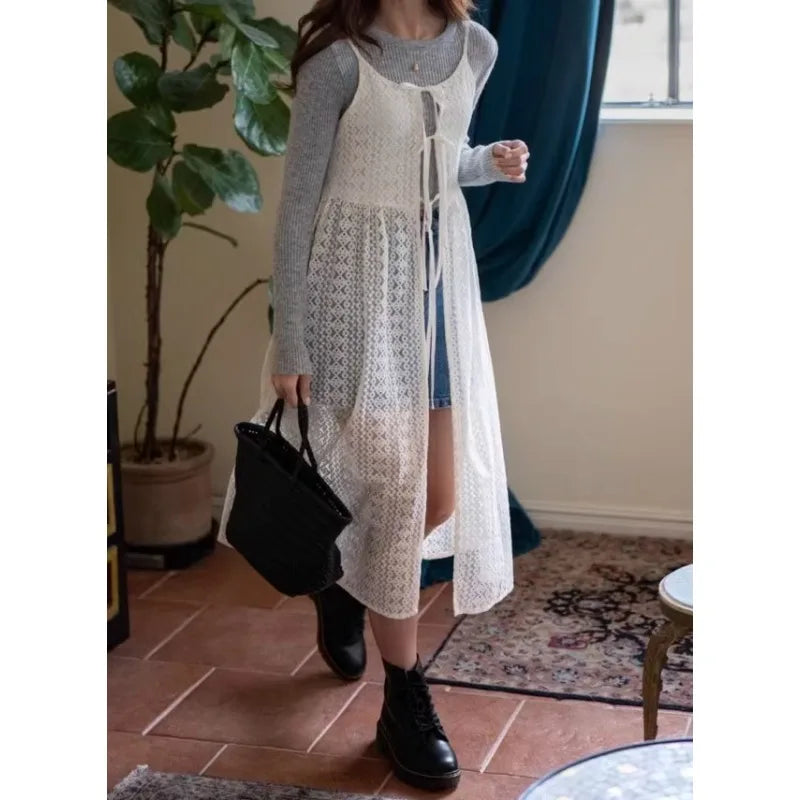 LIZAKOSHT  -  Korean Jacquard Hollow Lace-up Sexy Sling Dress Women 2024 Summer New Streetwear Solid Color All Match Mid-length Dress