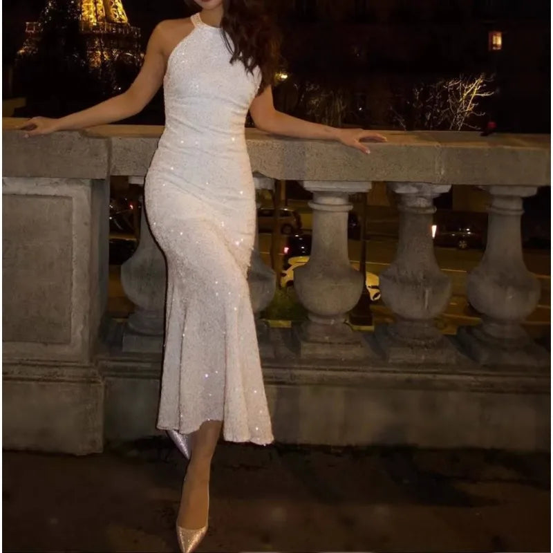 LIZAKOSHT  -  Spring New Women's Clothing Sequined Slanted Shoulder Slim Fit Sexy Backless Long Fishtail Dress