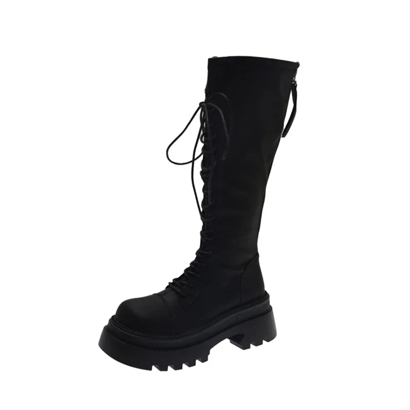 LIZAKOSHT  -  Flats Platform High Boots Women's Designer Shoes for Woman Winter Knee High Boots Lace Up Trend Goth Fashion Boots Femme