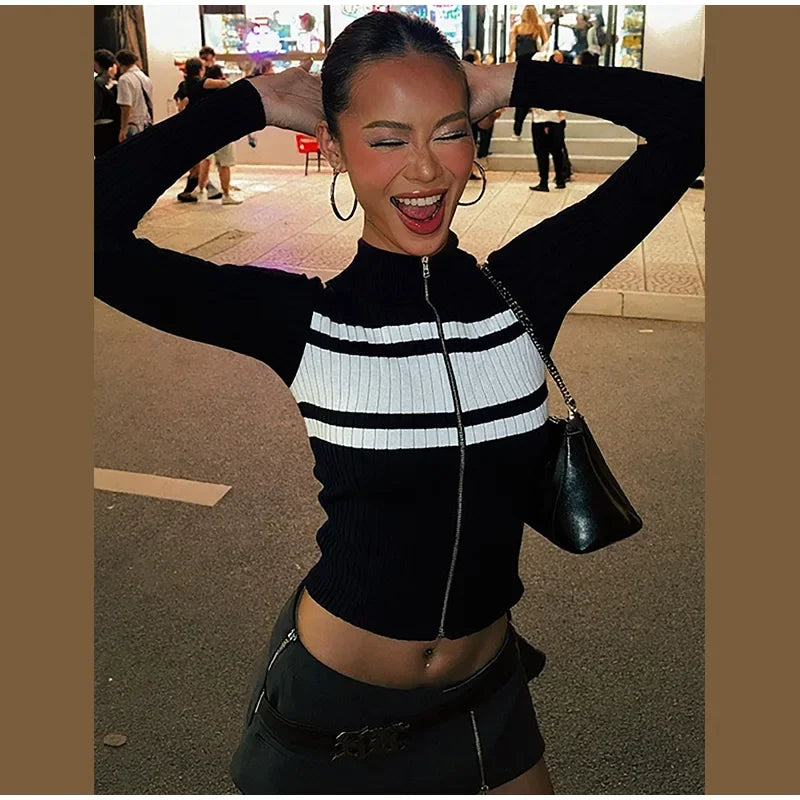 LIZAKOSHT  -  Casual Slim Contrast Knit Cardigan Women Chic Full Sleeve Stand Collar Zipper Short Sweaters Female 2026 Spring Lady Outwears